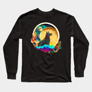 German Shepherd Dog Space Full Moon Planets Stars Cute Art Digital Painting Long Sleeve T-Shirt